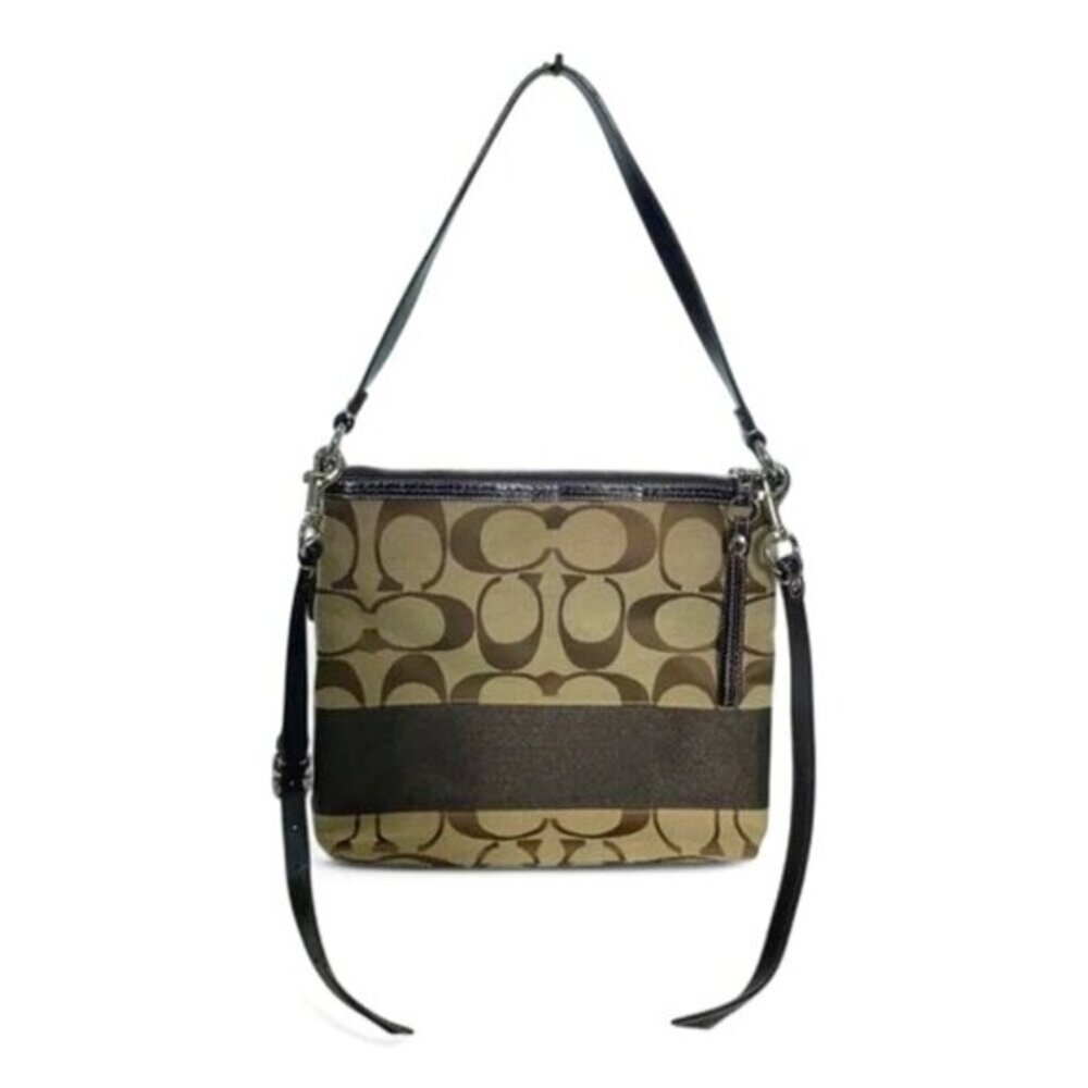 Coach Signature Jacquard Crossbody Bag with Brown Leather Trim